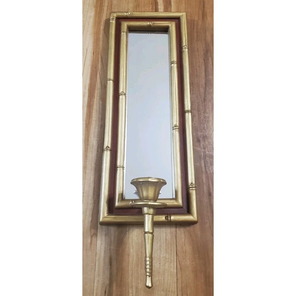 Vintage Hollywood Regency Gold Tone Red Bamboo Wall Sconce Candleholder